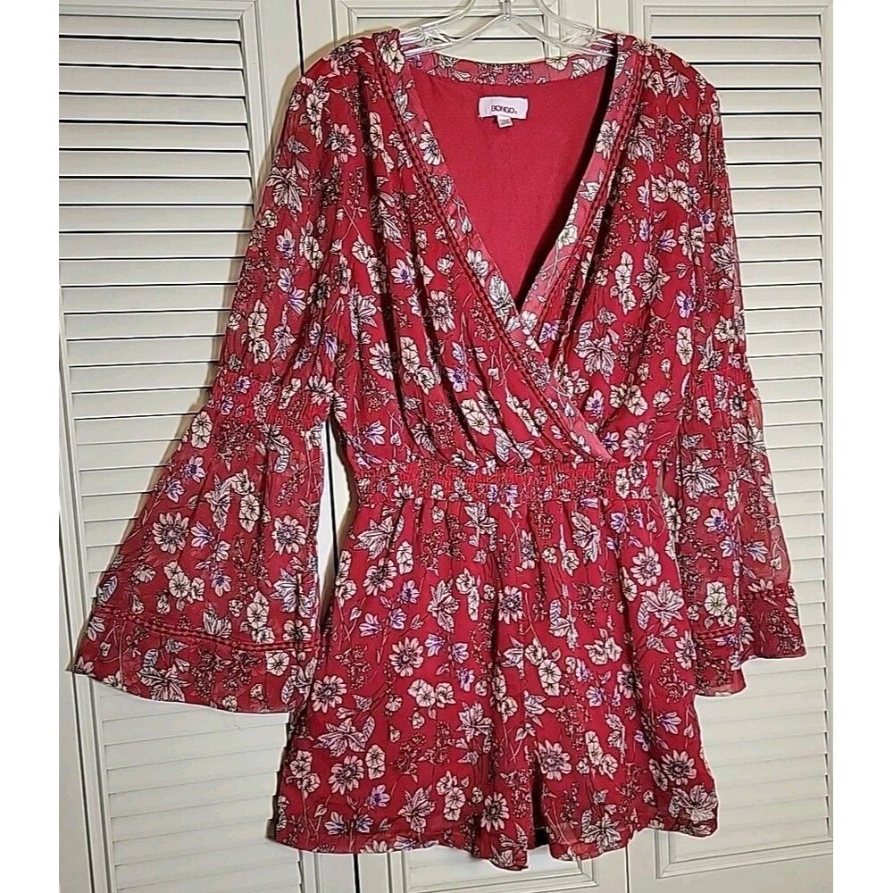 Bongo Red Floral Romper V Neck Front ~Sz M ~Y2K Boho ~Sheer w/Lining Under Body